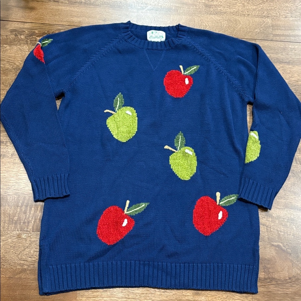 Quacker Factory Blue Sweater with Red & Green Apples. soft. Medium
